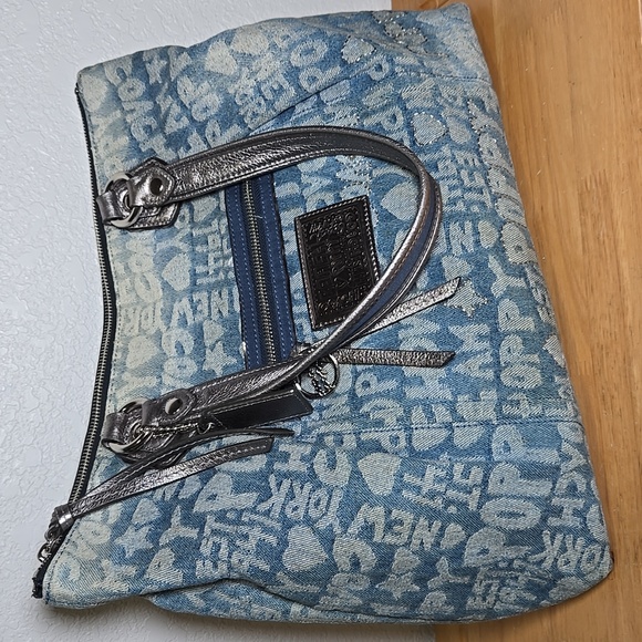 COACH Poppy Wordblock Glam Denim Tote - Picture 8 of 15